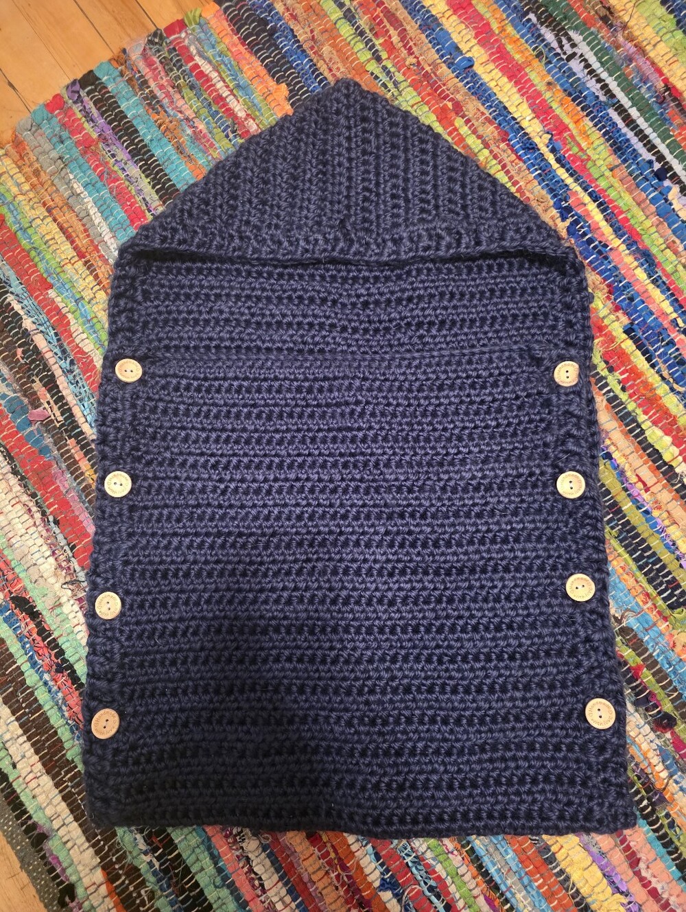 Handmade Navy Crochet Hooded Buttoned Wrap